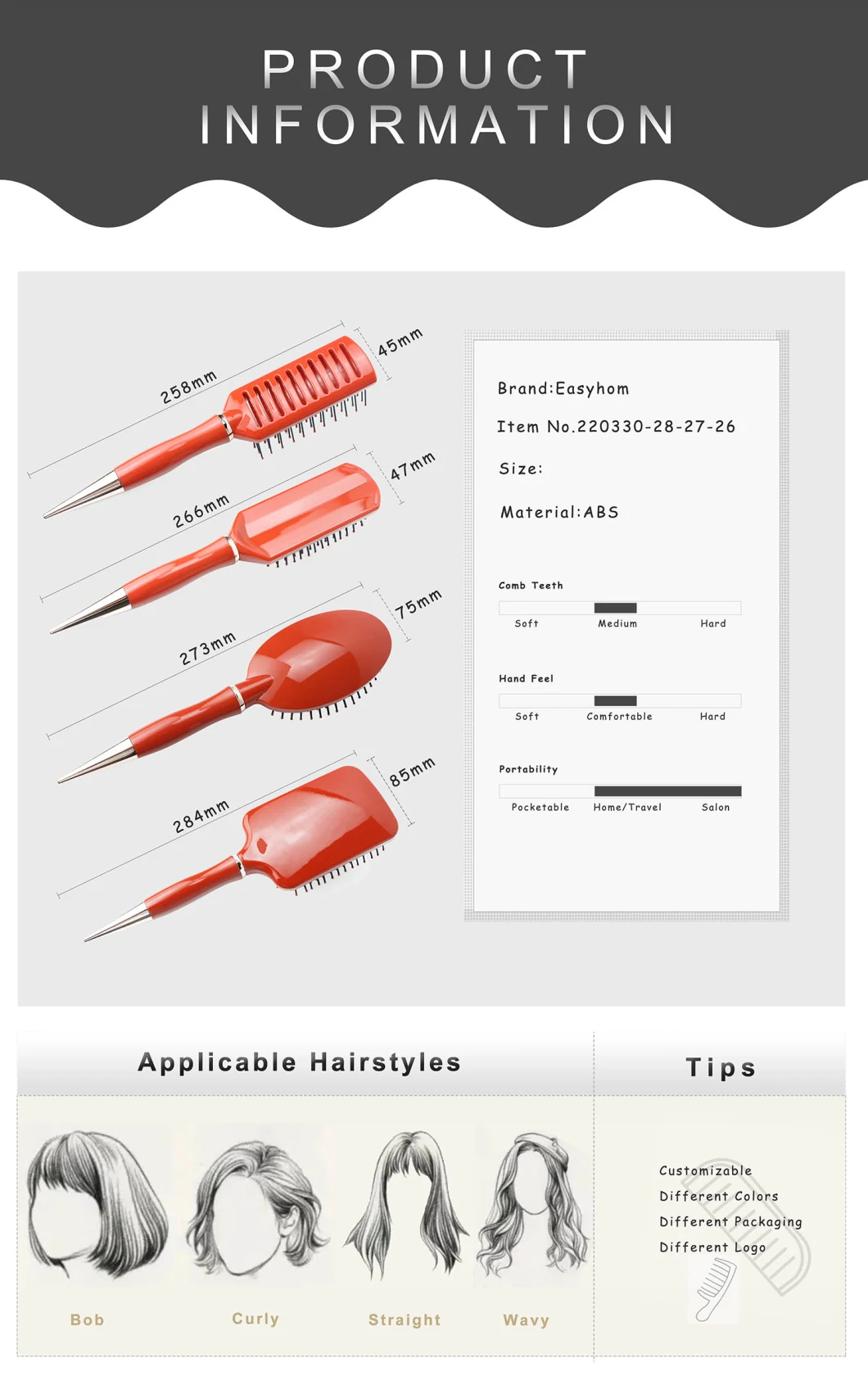 4PCS Classic Orange Home Salon Plastic Travel Hair Brush Styling Set Detangling Massage Comb Hair Brush Gift Set for Women